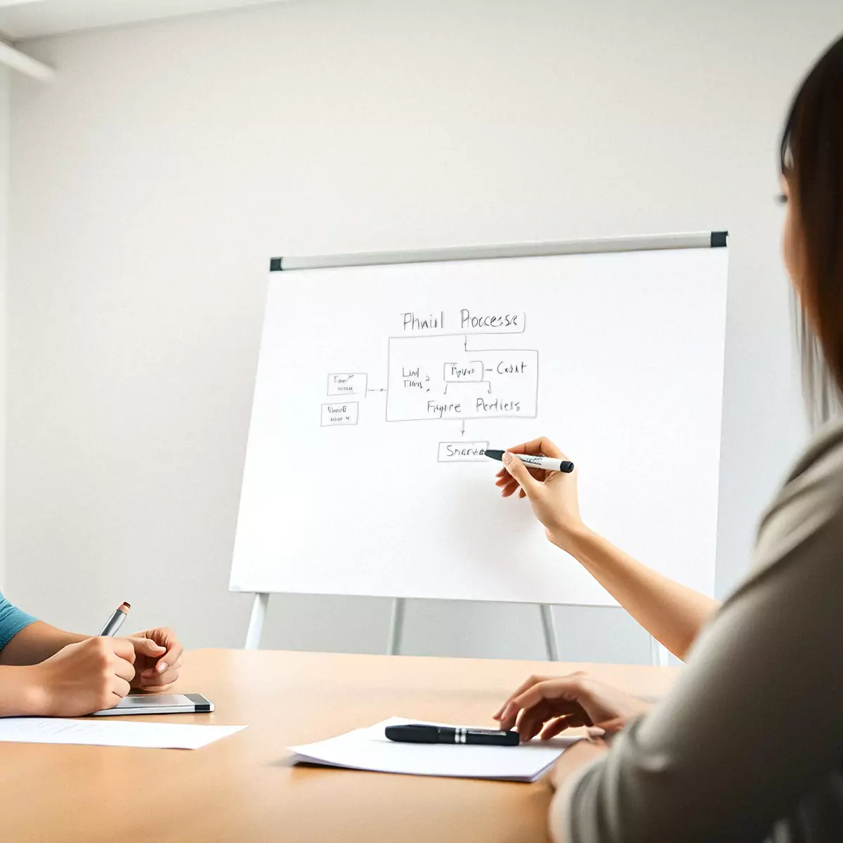 A planning session at a whiteboard, mapping how a business works