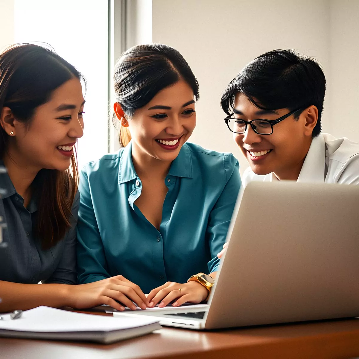 A team laughing together over a laptop on go-live day