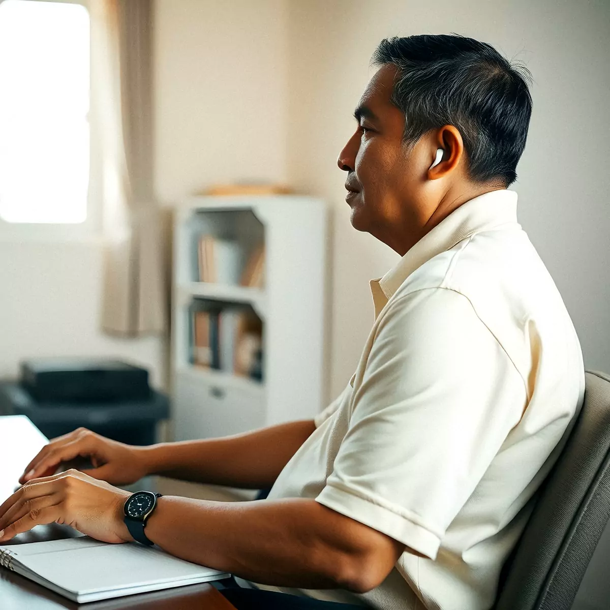 A business owner on a video call from his office